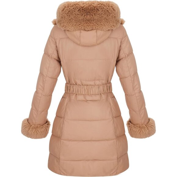 Puffer Jacket Women Winter Fur Lined Apricot Coat Long Fur Collar Warm Overcoat - Picture 2 of 5